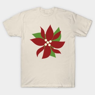 Retro Christmas Poinsettia Vintage Holiday Aesthetic Pattern With Winterberries Light Background T-Shirt